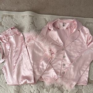 Lulus Never Worn Pink Satin Pajama Set with Feather Trim size small